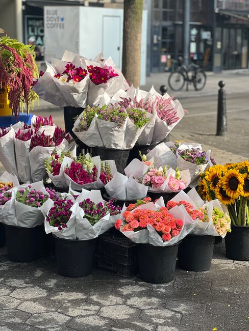 A variety of fresh flower bouquets arranged in black pots and paper wrapping, placed on a paved outdoor street scene near a tree. The arrangements include vibrant pink, purple, and white flowers, with