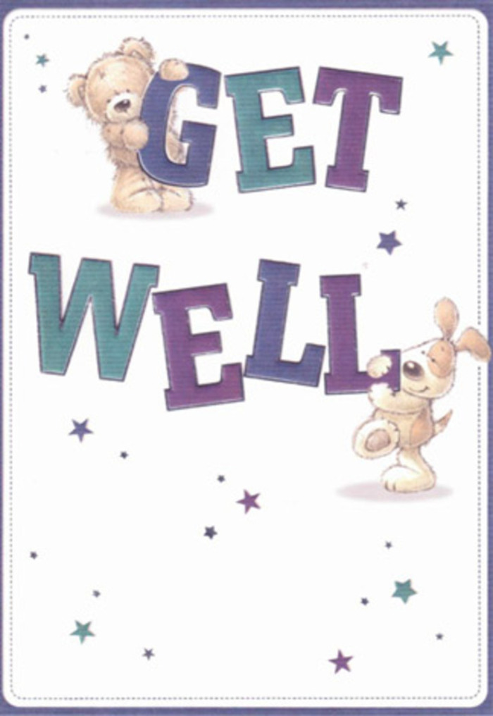 A celebration of gentle encouragement arrives in the form of this illustrated get well card, brimming with the charm and comfort found in Earlsfield's vibrant community. At the center, a kindly bear and a floppy-eared puppy interact atop and beside oversized, hand-lettered 'Get Well' typography-coloured in joyful hues of purple and aqua reminiscent of the blooms at local flower stalls. Their playful exchange is punctuated by whimsical stars, scattered across a spotless background as if to scatter hope along the avenues around Garratt Park. The artistry pays tribute to the skill of a local florist, each textured detail and expressive feature echoing the softness of petals and the nurturing intent behind every floral arrangement delivered in Earlsfield. The whole scene has an airy, uplifting quality-perfect for brightening the spirits of young and old alike, whether they're at home near the station or recovering across the community. The combination of celebratory lettering, gentle companions, and starry accents offers a deeply personal message of healing and joy.
