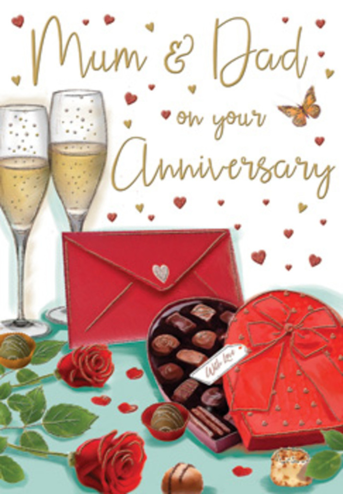 In this richly detailed anniversary card illustration, the scene feels as if it could be set in an Earlsfield living room, ready for an evening of gentle celebration. Two tall champagne flutes stand side by side at the centre, symbolising partnership and togetherness. They are filled with a golden sparkling drink, the bubbles rising in fine streams that catch the soft, warm light. At the base of the glasses rest two sumptuous red roses, their petals depicted with layered depth, moving from dark, velvety crimsons in the centre to softer reds near the edges. The roses nestle into a cushion of glossy green foliage, arranged with the eye of an expert florist and evoking the freshness of flowers delivered that same day. In front of this floral and fizzy focal point sits a heart-shaped chocolate box, wrapped in a deep red covering and finished with an elegant satin bow that arches confidently across the lid. The box is open to reveal a carefully arranged assortment of chocolates, each piece nestled in place with a polished sheen, while a couple of chocolates have slipped out onto the tabletop, inviting an unhurried treat. A scarlet envelope lies nearby, sealed and slightly angled as though just placed down after writing a personal message, perhaps at a quiet moment overlooking the tracks at Earlsfield station. Scattered across the background, tiny hearts in gold and red float and shimmer, adding a playful, celebratory touch without overwhelming the main composition. Soft highlights glint on glass, ribbon, and chocolate, creating a cosy, intimate atmosphere that celebrates enduring love and the pleasure of marking another year together.