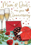 The illustrated anniversary card depicts an intimate scene that feels perfectly at home in Earlsfield, as if it were the centrepiece of a quiet celebration after a day wandering around Garratt Lane and its side streets. At the heart of the image stand two champagne flutes, tall and graceful, their sides catching the light as fine bubbles rise through a delicate golden drink, suggesting a toast shared between long-time partners. Cradled beside them are two full red roses, the petals soft and velvety, painted in deep tones of crimson that contrast beautifully with the rich green leaves surrounding them, just like a thoughtfully prepared bouquet from Florist Earlsfield. In front, a heart-shaped box of chocolates invites closer attention; its outer shell is a deep ruby red, tied with an opulent satin bow that loops dramatically across the lid. The box has been opened to reveal a tempting selection of chocolates, each piece neatly positioned, with a couple of truffles spilling gently onto the surface as if someone has already started to enjoy them. To one side, a bright red envelope, securely sealed, introduces a personal note into the composition, hinting at loving words written earlier in the day. Across the background, tiny hearts in shimmering gold and bold crimson drift and scatter, like confetti suspended in air, reinforcing the themes of romance, warmth, and celebration. Gentle reflections play along the stems of the glasses and the smooth surfaces of ribbon and chocolate, giving the whole scene a cosy evening glow that captures the sweetness and gratitude of an anniversary shared in Earlsfield.